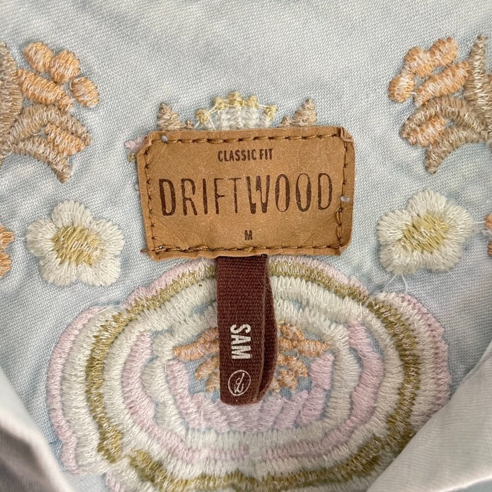 DRIFTWOOD Light Washed Embroidered Back Demin Shirt Size M - Picture 6 of 14